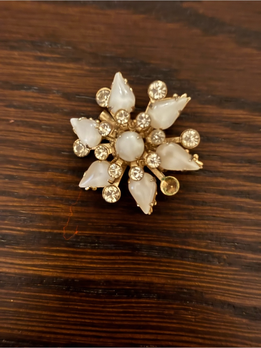 Gold-Tone White Floral Cluster Brooch with Crystal Accents